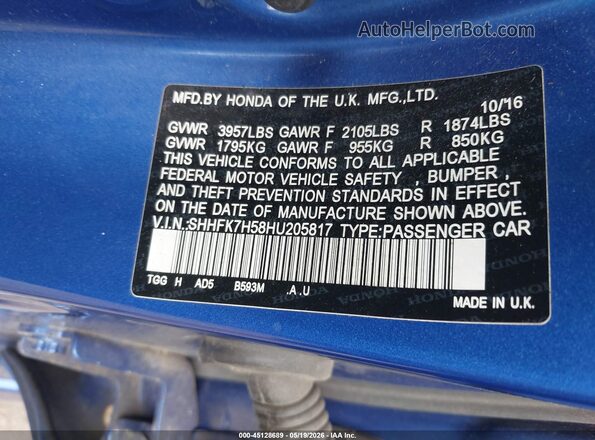 SHHFK7H58HU205817 2017 HONDA CIVIC Синий Вид подкапотного пространства