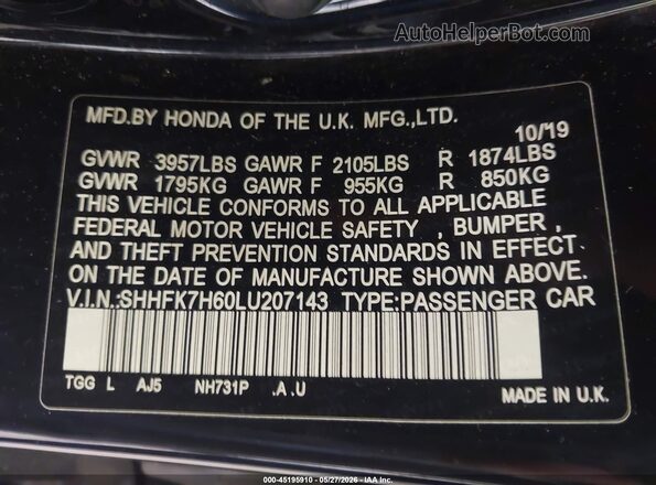 SHHFK7H60LU207143 2020 HONDA CIVIC Черный Вид подкапотного пространства