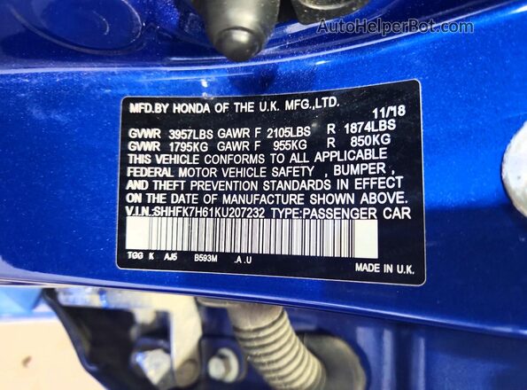 SHHFK7H61KU207232 2019 HONDA CIVIC Blue VIN კოდის სტიკერის ხედი
