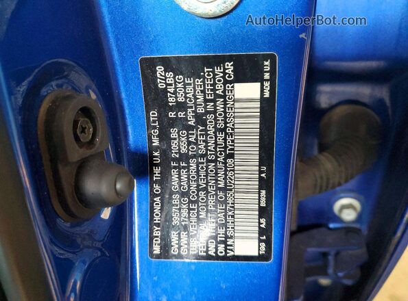 SHHFK7H65LU226108 2020 HONDA CIVIC Blue VIN sticker view