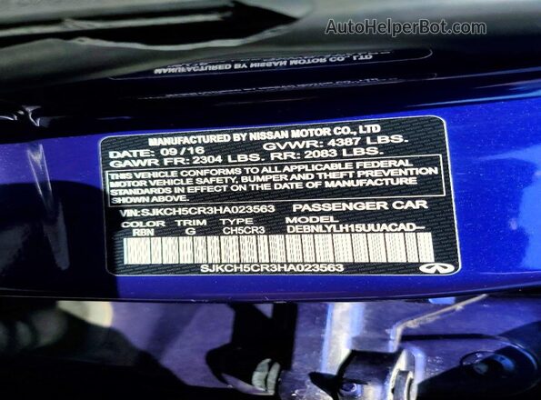 SJKCH5CR3HA023563 2017 INFINITI QX30 Blue Widok naklejki z numerem VIN