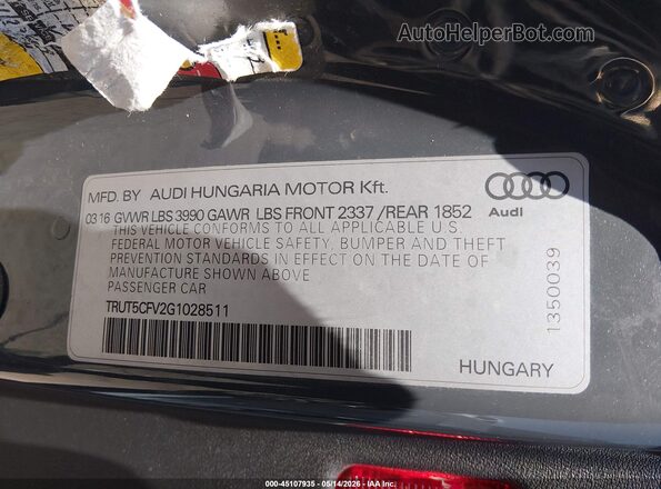 TRUT5CFV2G1028511 2016 AUDI TT Gray Вид підкапотного простору