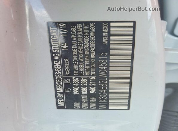 W1K3G4EB2LW045815 2020 MERCEDES-BENZ A White Vista del compartimento del motor