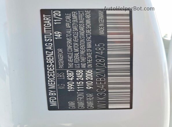 W1K3G4EB2MJ287485 2021 MERCEDES-BENZ A White Շարժիչի բաժամունքի տեսք