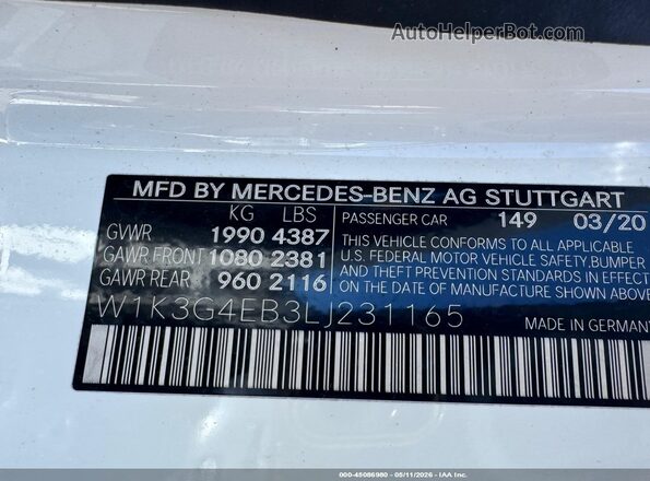 W1K3G4EB3LJ231165 2020 MERCEDES-BENZ A Белый Вид подкапотного пространства