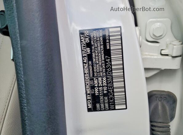 W1K3G4EB3MJ263647 2021 MERCEDES-BENZ A Белый Вид подкапотного пространства