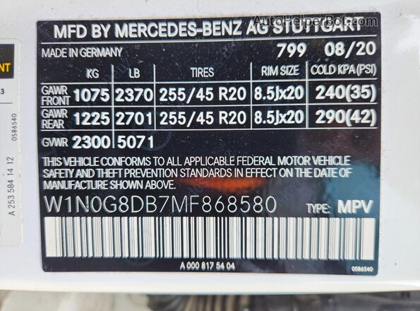 W1N0G8DB7MF868580 2021 MERCEDES-BENZ GLC-CLASS Белый Вид наклейки с VIN-кодом