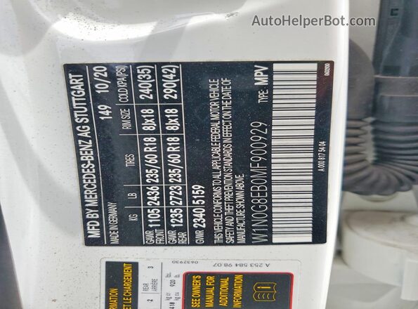 W1N0G8EB0MF900929 2021 MERCEDES-BENZ GLC-CLASS White Вид наклейки з VIN-кодом