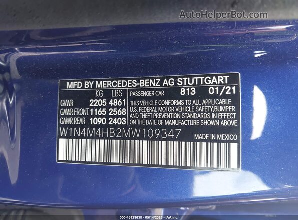 W1N4M4HB2MW109347 2021 MERCEDES-BENZ GLB-CLASS Синий Вид подкапотного пространства