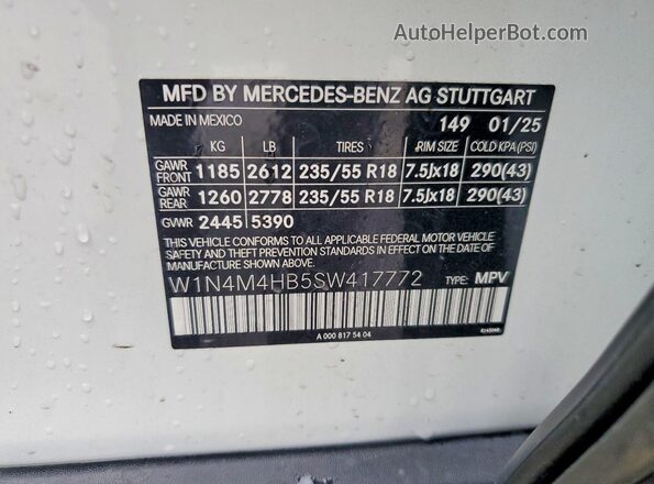 W1N4M4HB5SW417772 2025 MERCEDES-BENZ GLB-CLASS White VIN կոդի պիտակի տեսք