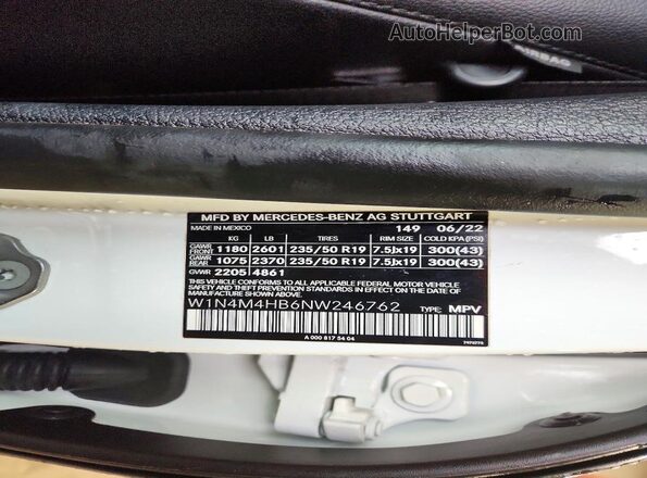 W1N4M4HB6NW246762 2022 MERCEDES-BENZ GLB-CLASS Белый Вид наклейки с VIN-кодом