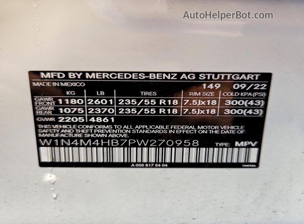 W1N4M4HB7PW270958 2023 MERCEDES-BENZ GLB-CLASS Белый Вид наклейки с VIN-кодом