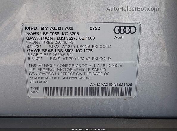 WA12AAGEXNB031825 2022 AUDI E-TRON Silver Engine compartment view