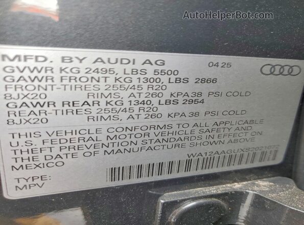 WA12AAGUXS2021072 2025 AUDI Q5 Серый Вид наклейки с VIN-кодом