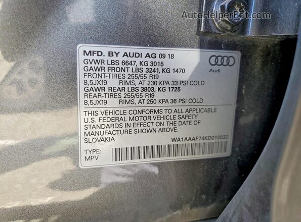 WA1AAAF74KD010032 2019 AUDI Q7 Gray Панорамний вид салону 360°