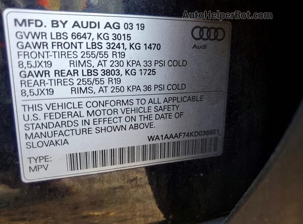 WA1AAAF74KD036601 2019 AUDI Q7 Blue Вид наклейки з VIN-кодом