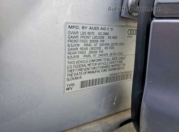 WA1AAAF75HD004023 2017 AUDI Q7 Серебряный Вид наклейки с VIN-кодом