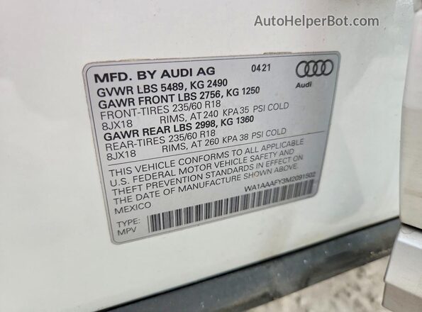 WA1AAAFY3M2091502 2021 AUDI Q5 White სალონის 360-გრადუსიანი ხედი