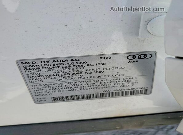 WA1AAAFY4M2010054 2021 AUDI Q5 Белый Вид наклейки с VIN-кодом