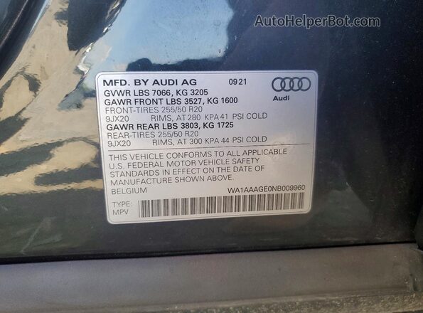WA1AAAGE0NB009960 2022 AUDI E-TRON Черный Вид наклейки с VIN-кодом