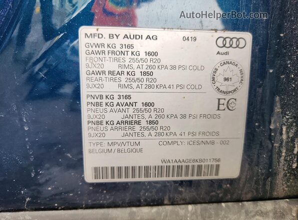WA1AAAGE6KB011756 2019 AUDI E-TRON Синий Вид подкапотного пространства