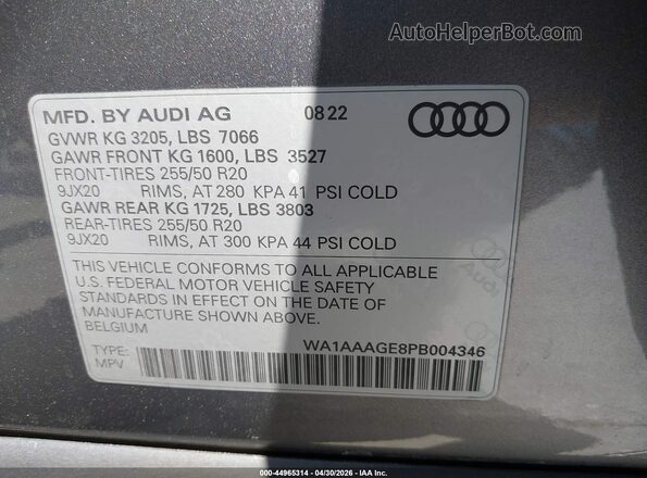 WA1AAAGE8PB004346 2023 AUDI E-TRON Gray Widok komory silnika