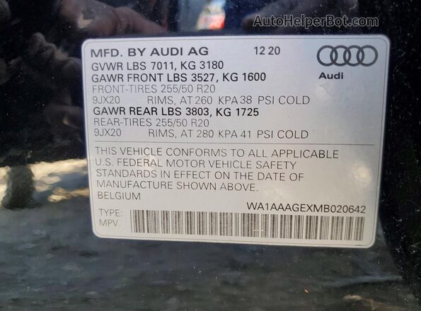 WA1AAAGEXMB020642 2021 AUDI E-TRON Черный Вид наклейки с VIN-кодом