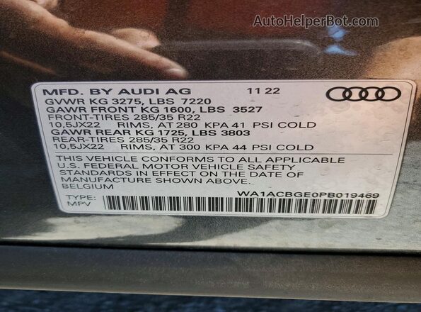 WA1ACBGE0PB019469 2023 AUDI E-TRON Gray Widok naklejki z numerem VIN