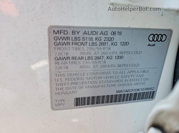 WA1AECF33K1078952 2019 AUDI Q3 Белый Вид наклейки с VIN-кодом