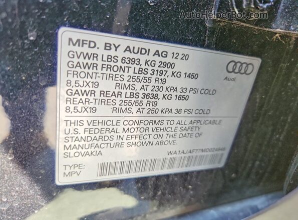WA1AJAF77MD024946 2021 AUDI Q7 Черный Вид наклейки с VIN-кодом