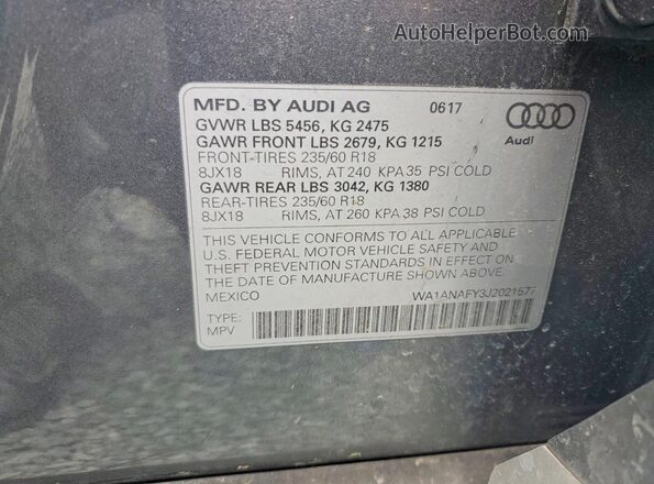 WA1ANAFY3J2021577 2018 AUDI Q5 Серый Вид наклейки с VIN-кодом
