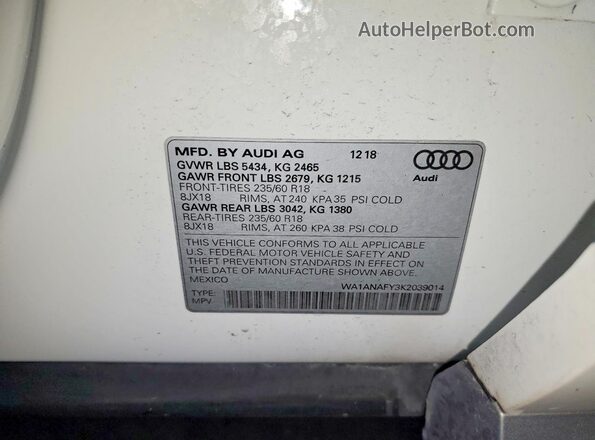 WA1ANAFY3K2039014 2019 AUDI Q5 White Widok wnętrza 360 stopni