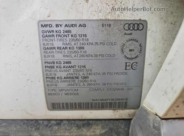 WA1ANAFY3K2054516 2019 AUDI Q5 White Вид підкапотного простору