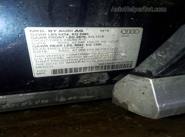WA1ANAFY4K2079599 2019 AUDI Q5 Синий Вид наклейки с VIN-кодом