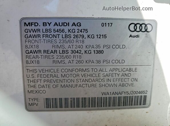 WA1ANAFY5J2004652 2018 AUDI Q5 Белый Вид наклейки с VIN-кодом