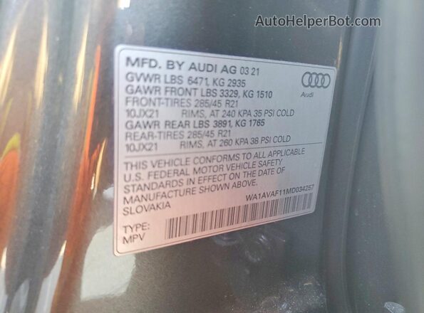 WA1AVAF11MD034257 2021 AUDI Q8 Gray Widok naklejki z numerem VIN