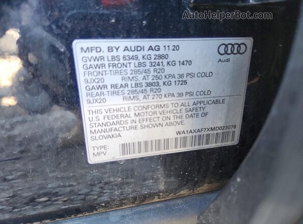 WA1AXAF7XMD023076 2021 AUDI Q7 Black Widok naklejki z numerem VIN