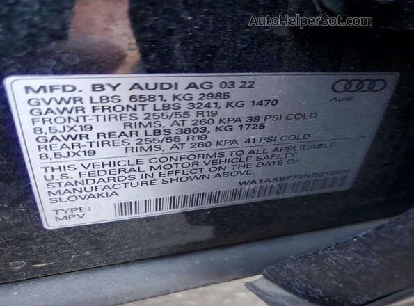 WA1AXBF72ND012970 2022 AUDI Q7 Black Widok naklejki z numerem VIN
