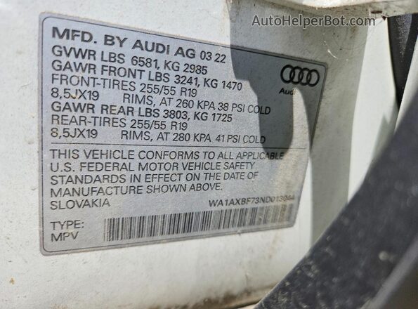 WA1AXBF73ND013044 2022 AUDI Q7 Белый Вид наклейки с VIN-кодом