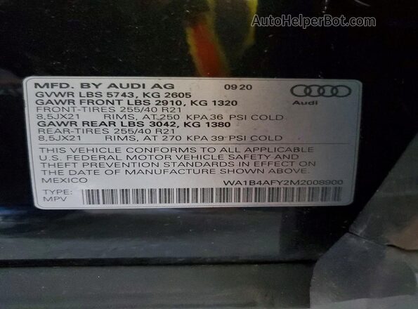 WA1B4AFY2M2008900 2021 AUDI SQ5 Черный Панорамный вид салона 360°