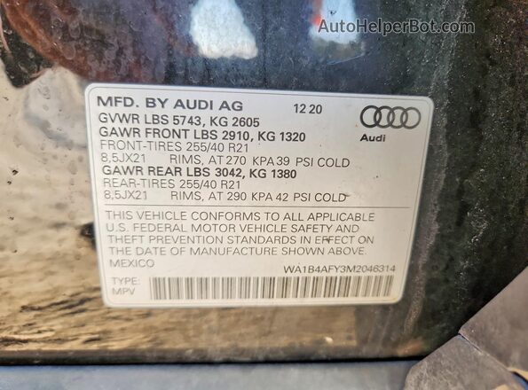 WA1B4AFY3M2046314 2021 AUDI SQ5 Черный Вид наклейки с VIN-кодом