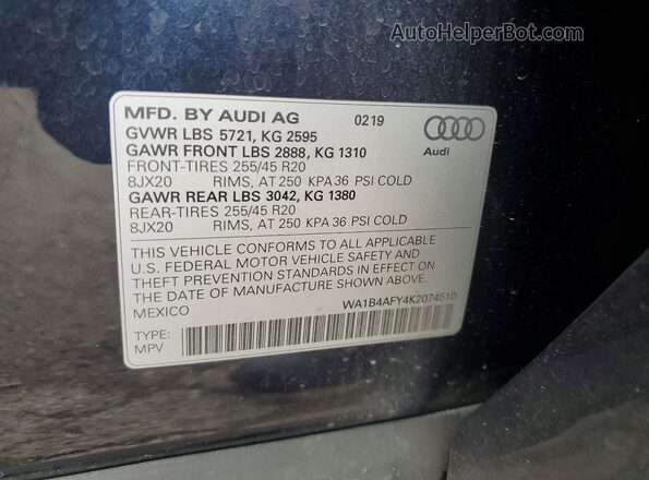 WA1B4AFY4K2074510 2019 AUDI SQ5 Белый Вид наклейки с VIN-кодом