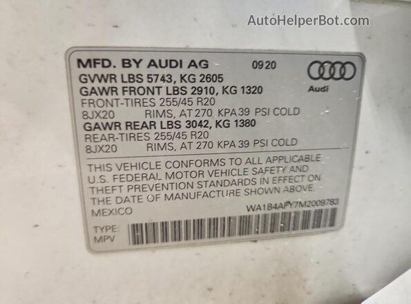 WA1B4AFY7M2009783 2021 AUDI SQ5 White Widok naklejki z numerem VIN