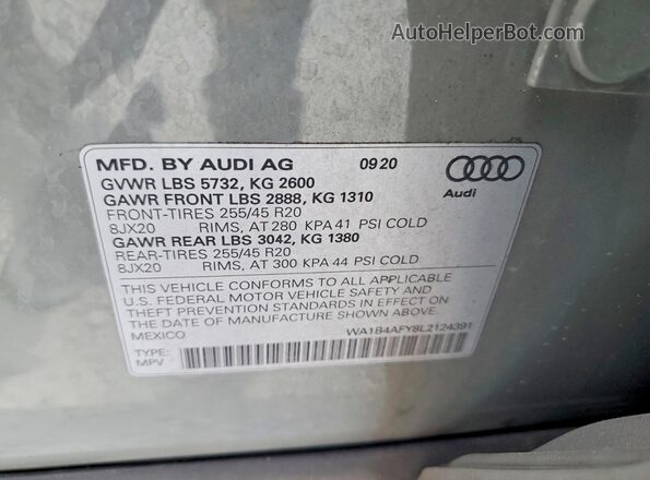 WA1B4AFY8L2124391 2020 AUDI SQ5 Gray VIN կոդի պիտակի տեսք