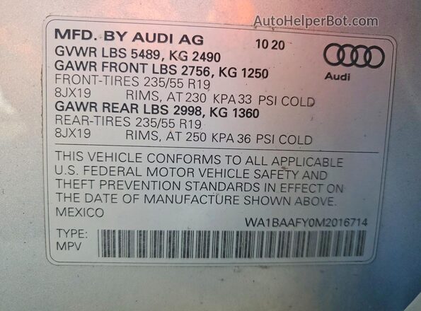 WA1BAAFY0M2016714 2021 AUDI Q5 Серебряный Вид наклейки с VIN-кодом