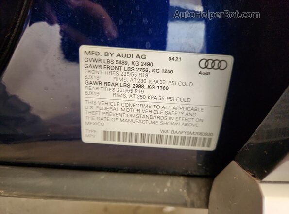 WA1BAAFY0M2083930 2021 AUDI Q5 Синий Вид наклейки с VIN-кодом