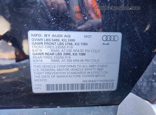 WA1BAAFY7M2092589 2021 AUDI Q5 Черный Вид наклейки с VIN-кодом