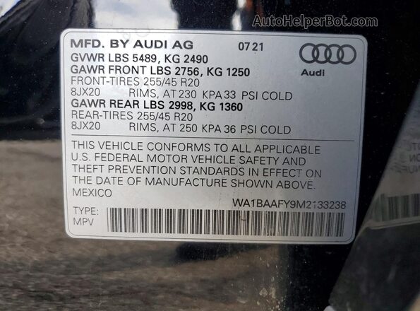 WA1BAAFY9M2133238 2021 AUDI Q5 Черный Панорамный вид салона 360°