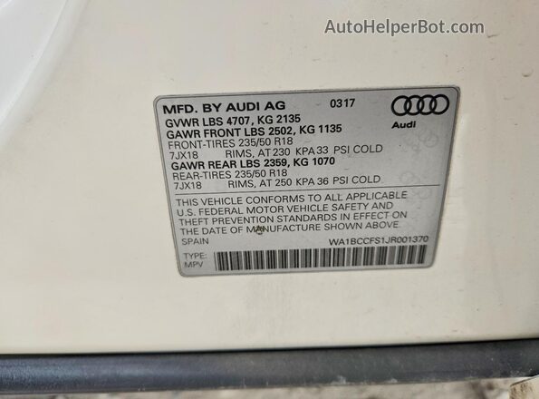 WA1BCCFS1JR001370 2018 AUDI Q3 White 360 interior view
