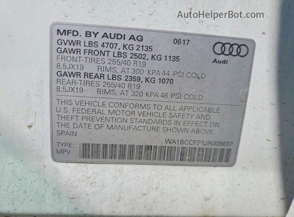 WA1BCCFS2JR008697 2018 AUDI Q3 White Vista del compartimento del motor